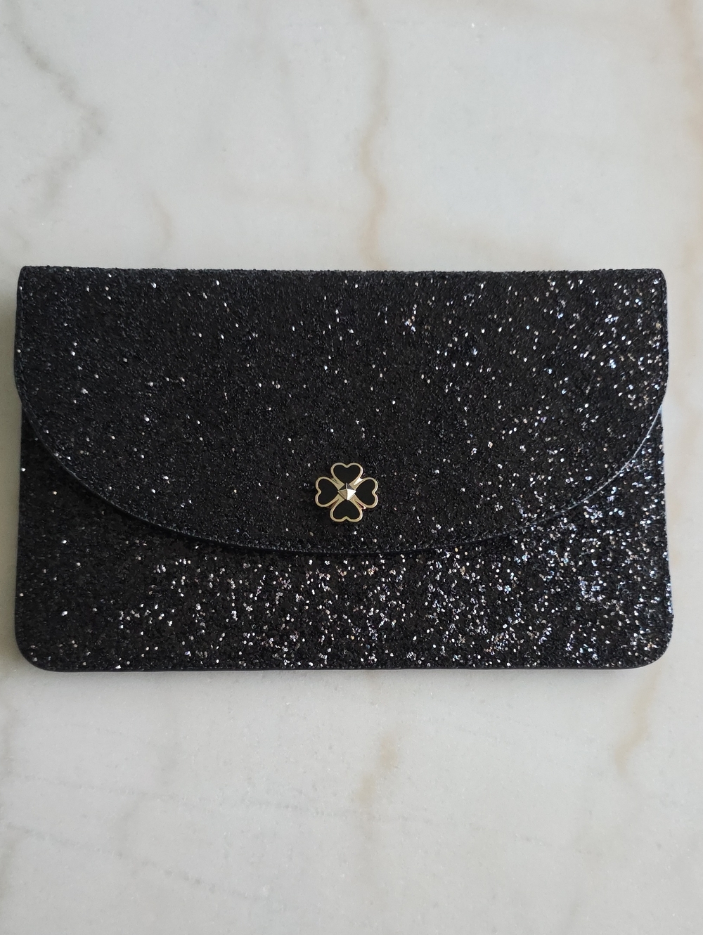 kate spade Black Glitter Envelope Clutch with Gold Clover Detail